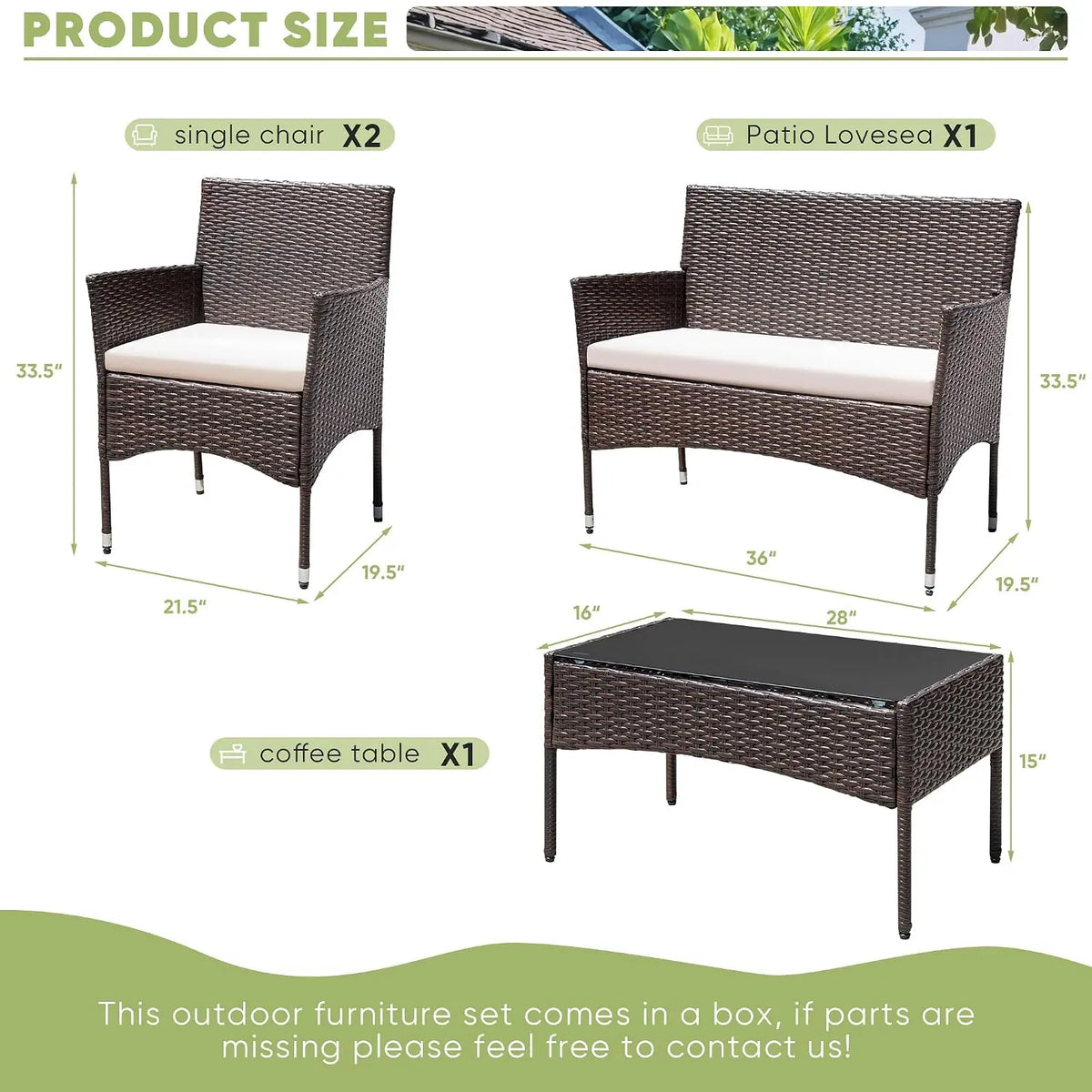 4-Piece Wicker Patio Conversation Set – Loveseat, 2 Armchairs & Glass-Top Coffee Table