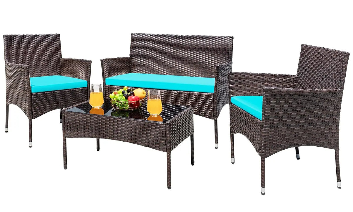 4-Piece Wicker Patio Conversation Set – Loveseat, 2 Armchairs & Glass-Top Coffee Table