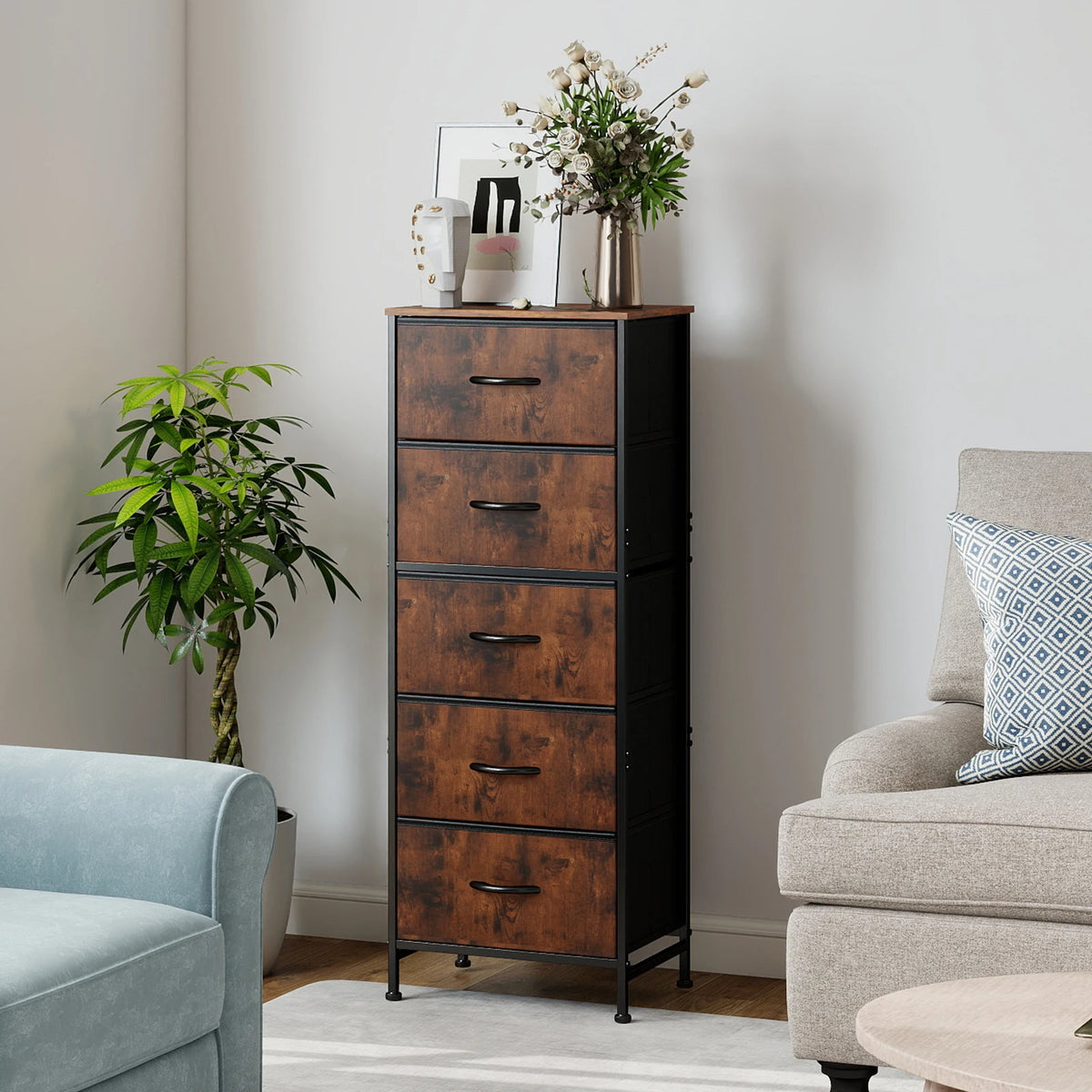 Modern 5-Drawer Fabric Dresser with Steel Frame