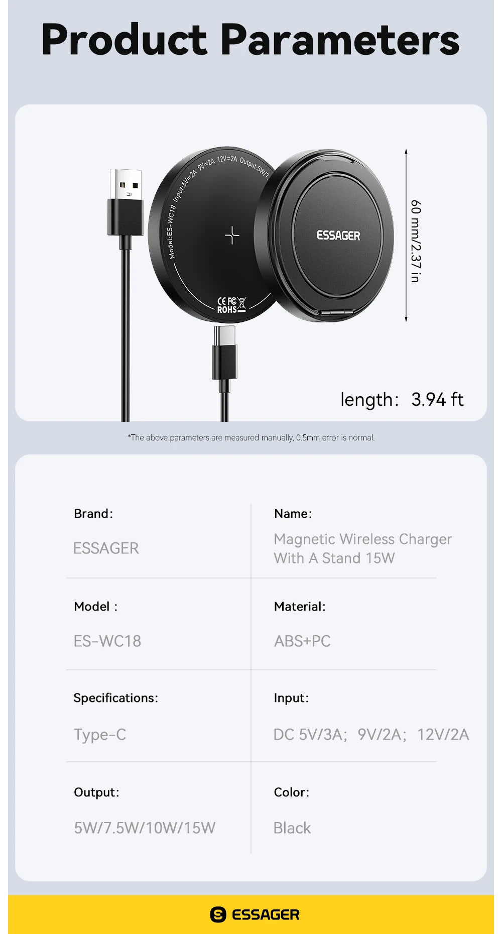 ESSAGER ES-WC18 specification diagram showing a 60 mm pad, cable, and charging ratings.
