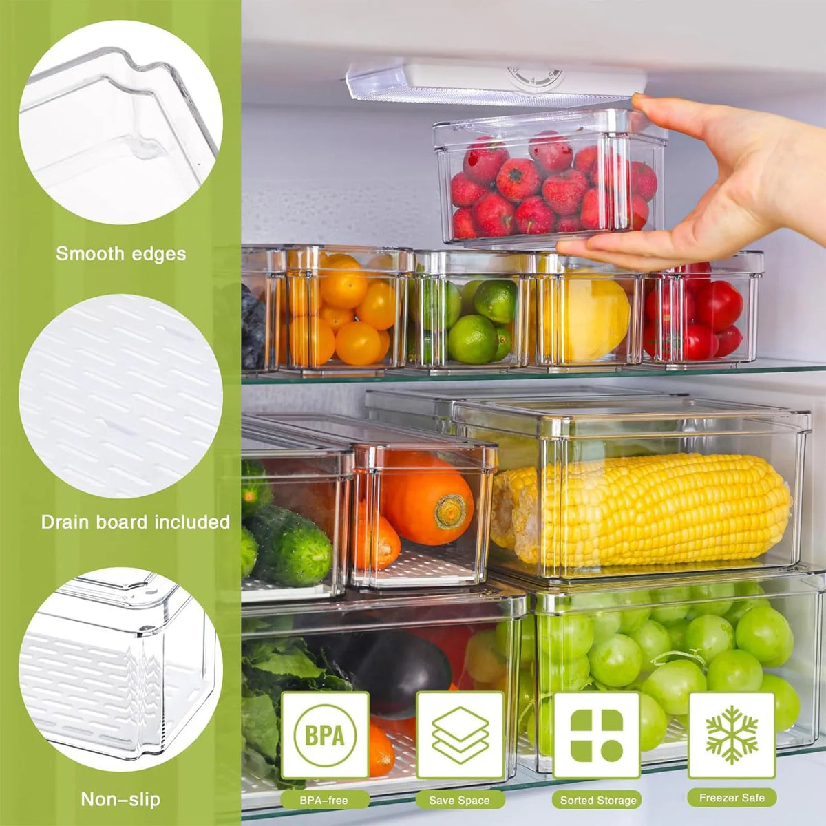 Clear Stackable Fridge Organizer Bin with Lid (Sold Individually)