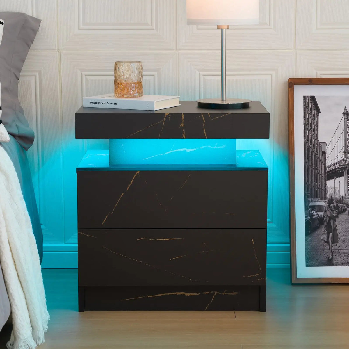 Modern LED Nightstand with 2 Drawers – RGB Bedside Table