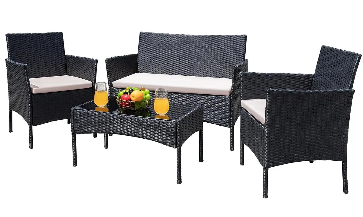 4-Piece Wicker Patio Conversation Set – Loveseat, 2 Armchairs & Glass-Top Coffee Table