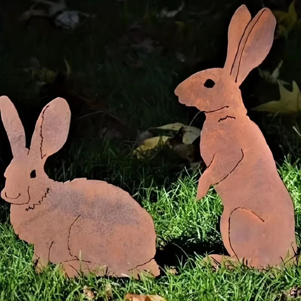 Rustic Metal Rabbit Garden Stake - Bunny Silhouette Yard Art