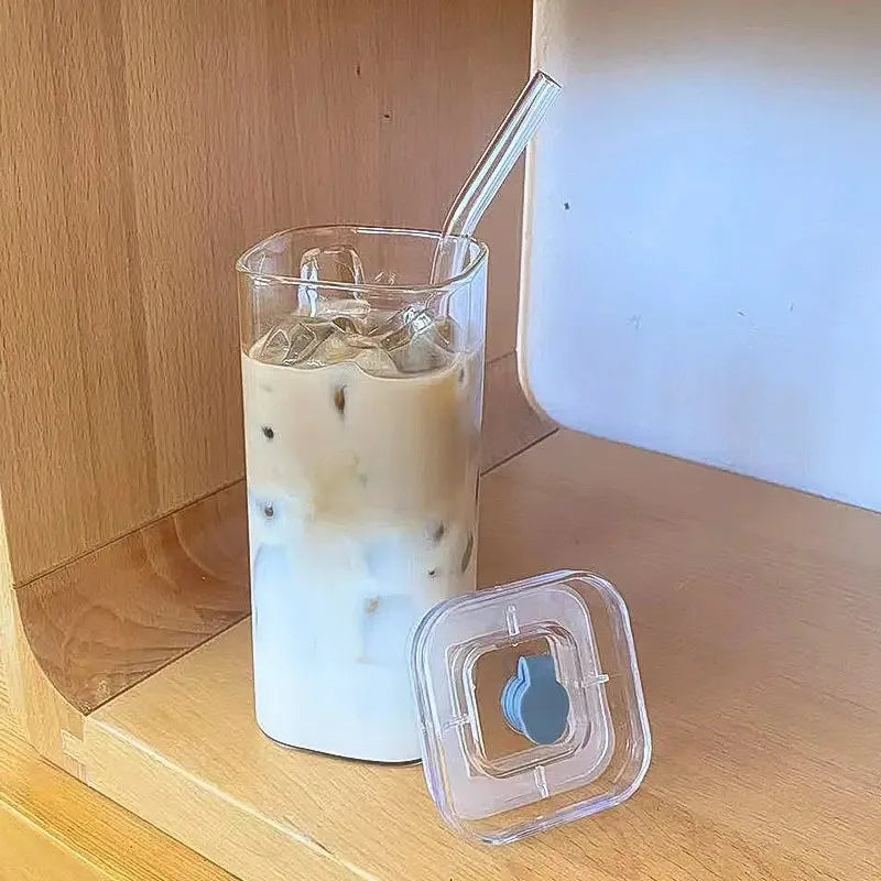Square Glass Iced Coffee Cup with Lid & Straw