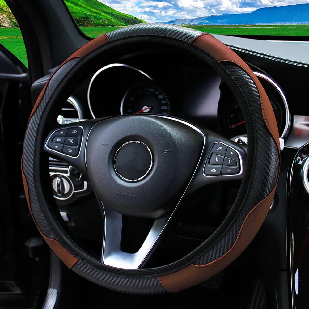 Carbon Fiber Texture Leather Steering Wheel Cover - Universal 15"