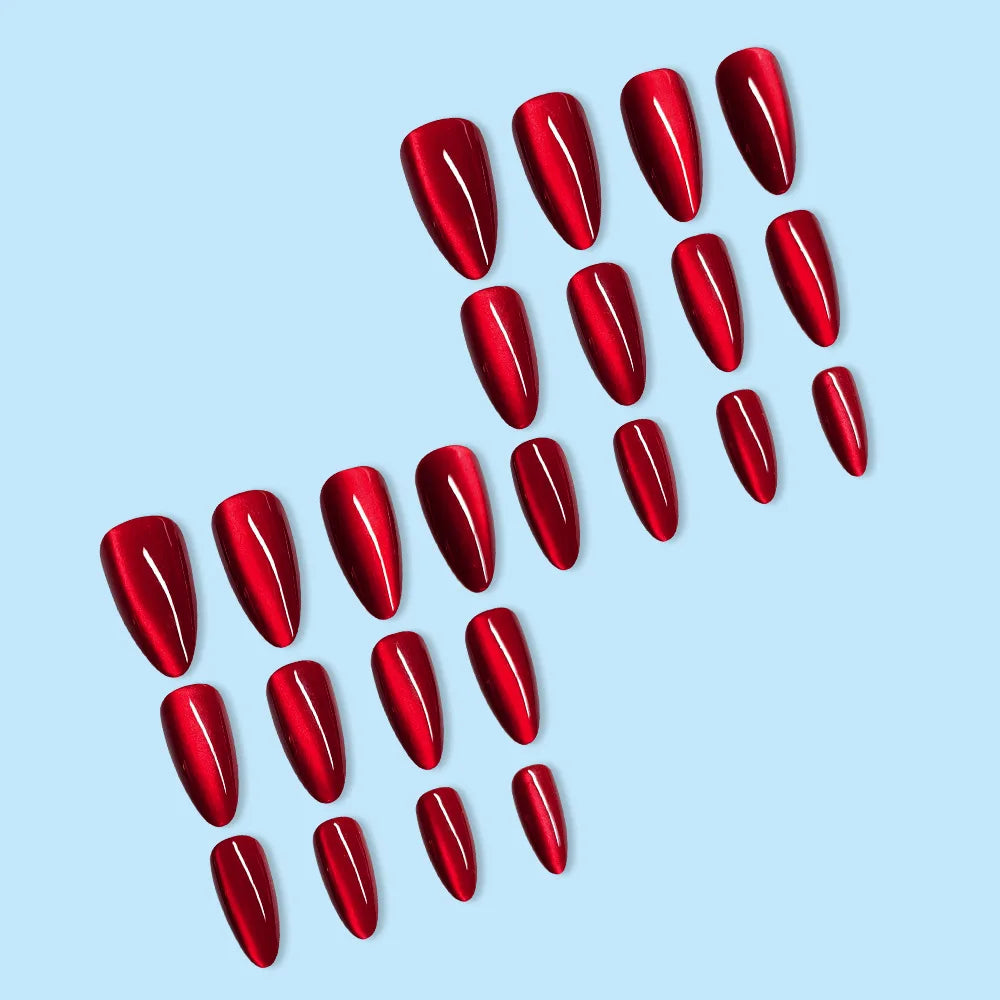 Glossy Cat-Eye Almond Press-On Nails, 24 pcs (12 Sizes)