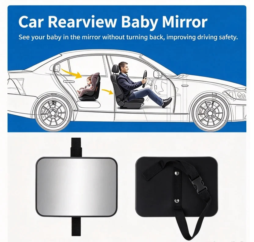 Shatterproof Back Seat Baby Mirror - Wide View, Headrest Strap