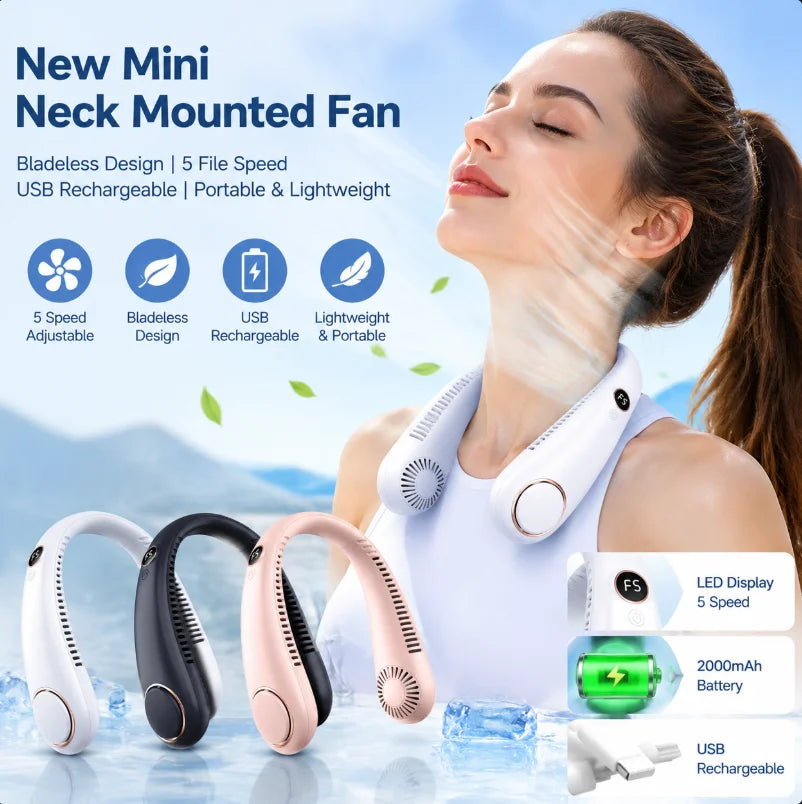 Bladeless Neck Fan – Hands-Free Wearable Cooler, 5 Speeds, LED Display