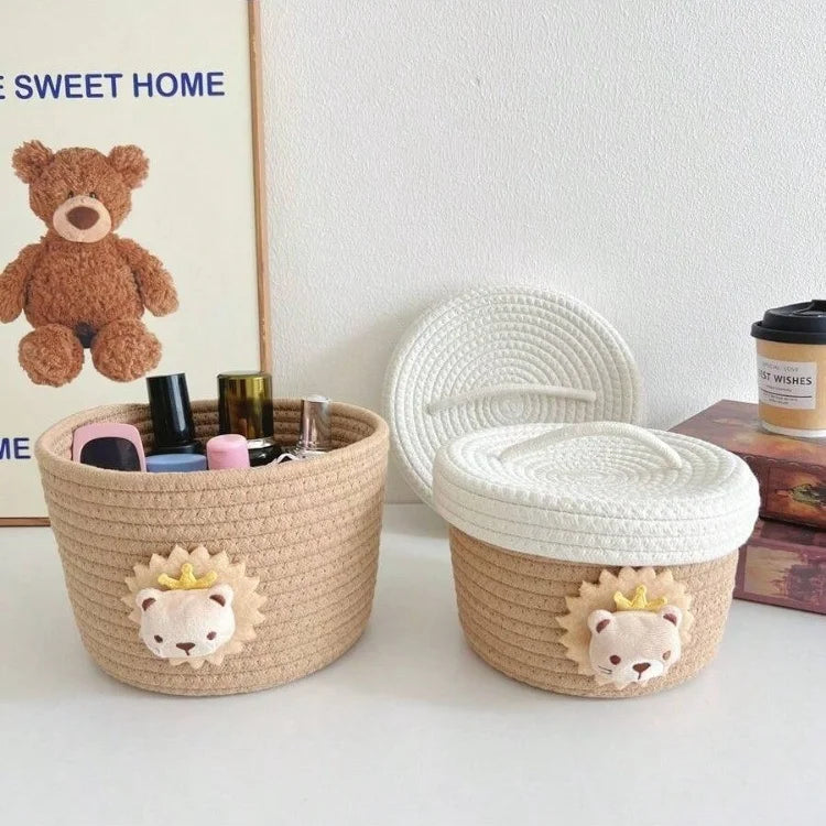 Lidded Cotton Rope Storage Basket with Lion Accent