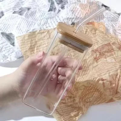Square Glass Iced Coffee Cup with Lid & Straw