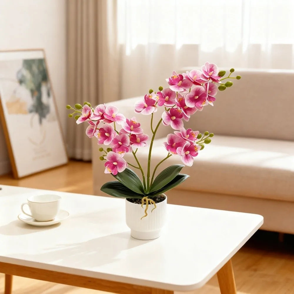 Artificial Phalaenopsis Orchid in White Pot – Faux Potted Orchid, 14.5 in