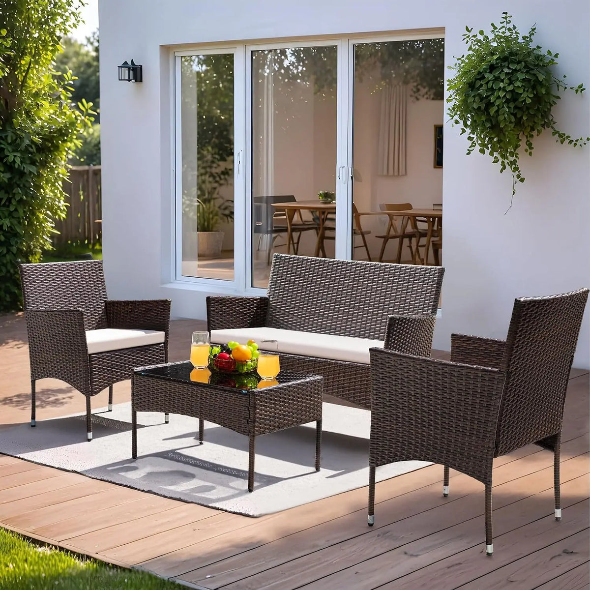 4-Piece Wicker Patio Conversation Set – Loveseat, 2 Armchairs & Glass-Top Coffee Table