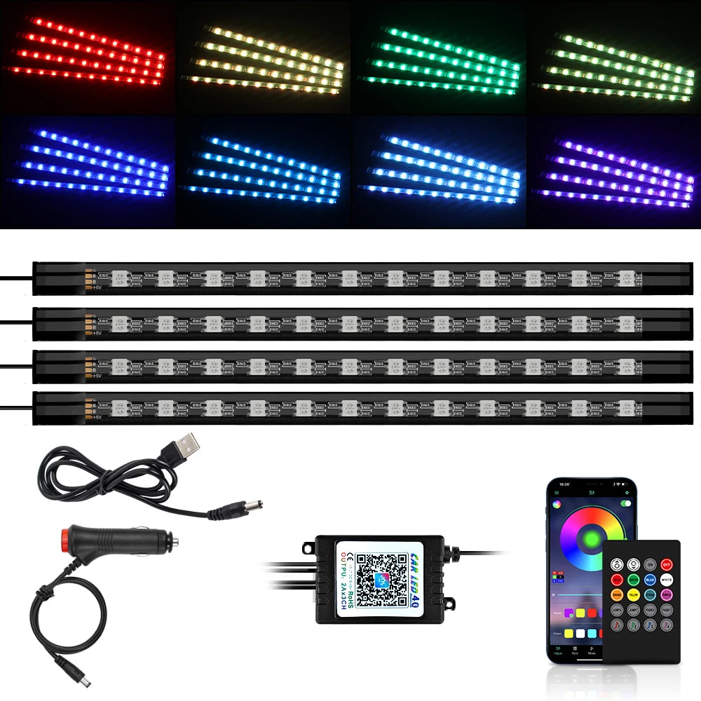 RGB Footwell Ambient Light Kit, 4 Strips with App & Remote (USB or 12V)