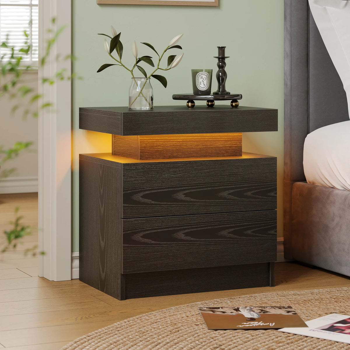 Modern LED Nightstand with 2 Drawers – RGB Bedside Table