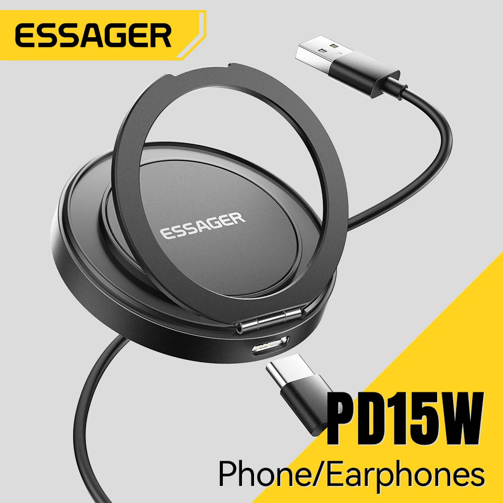 Black magnetic wireless charger with fold-out ring stand and charging cable shown.