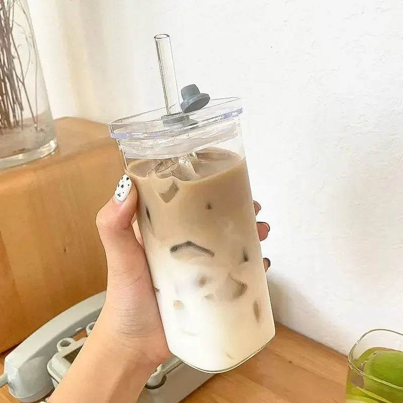 Square Glass Iced Coffee Cup with Lid & Straw