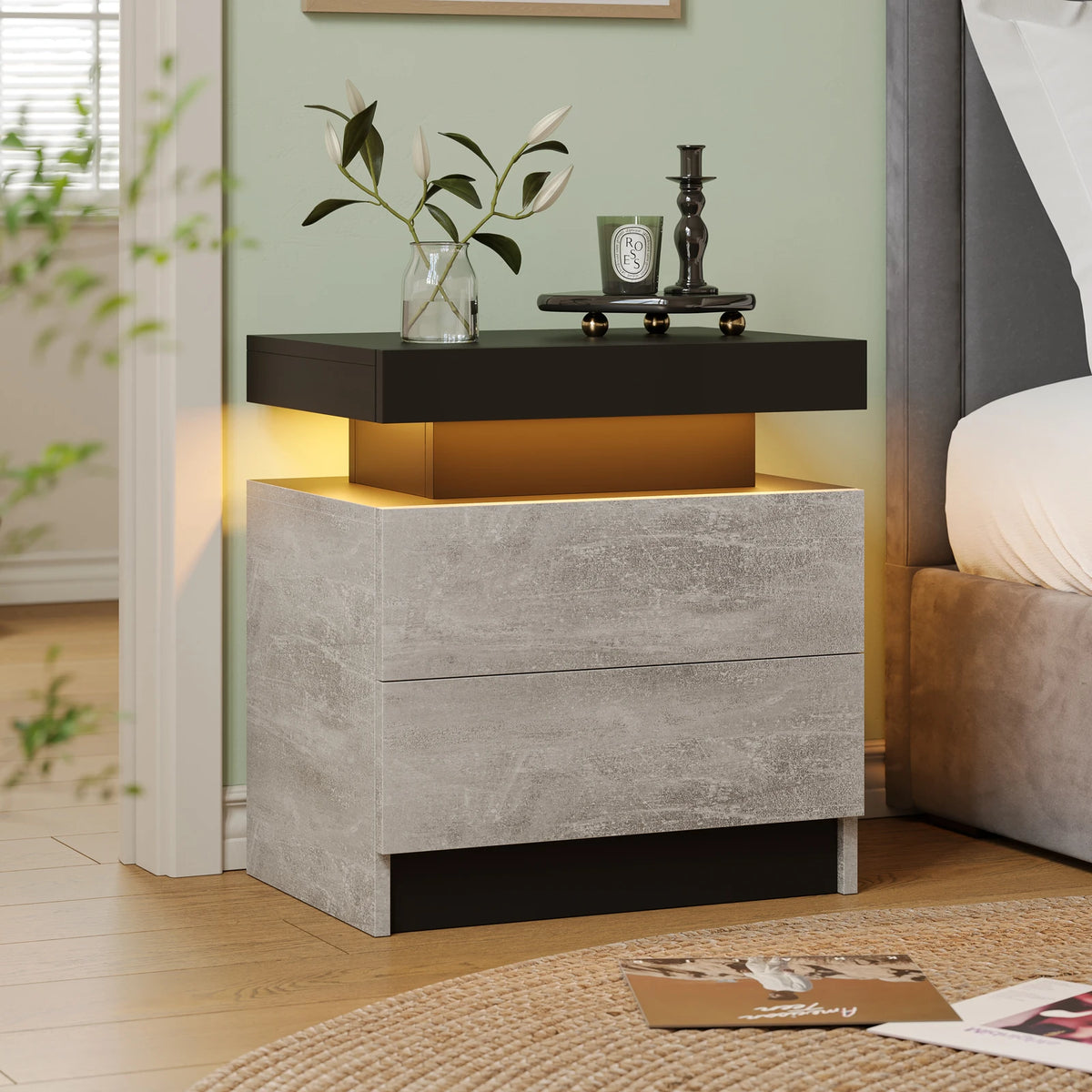 Modern LED Nightstand with 2 Drawers – RGB Bedside Table