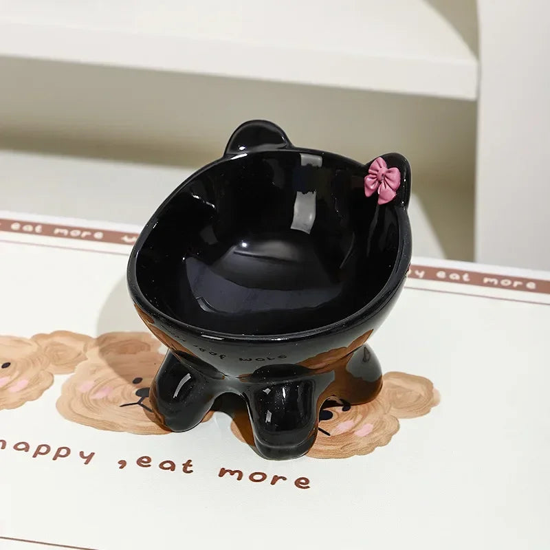 Tilted Ceramic Cat Bowl with Bow - Elevated Feeding Dish