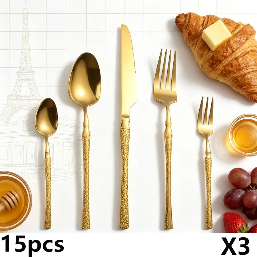 15-Piece Gold Hammered-Handle Flatware Set (Service for 3)