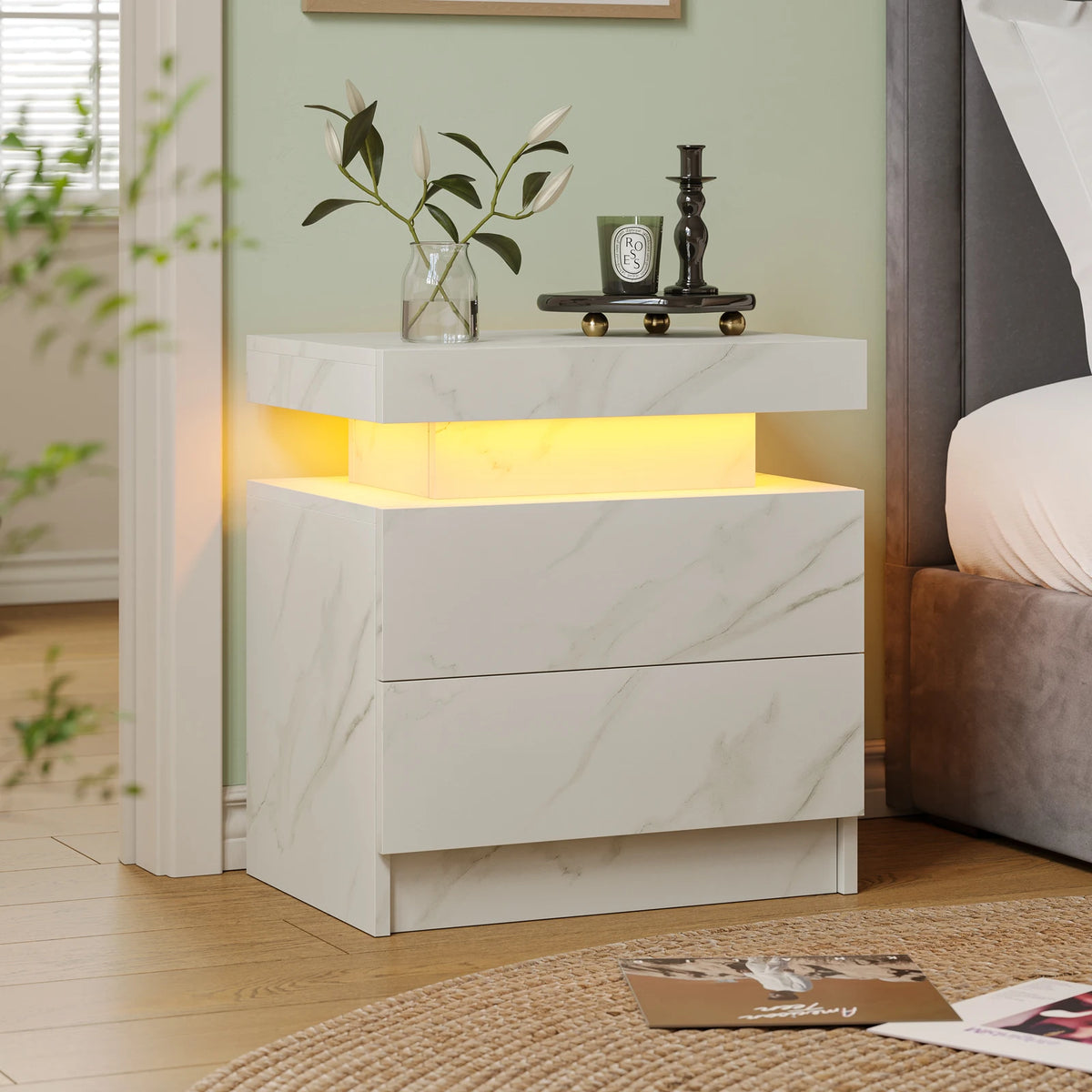 Modern LED Nightstand with 2 Drawers – RGB Bedside Table