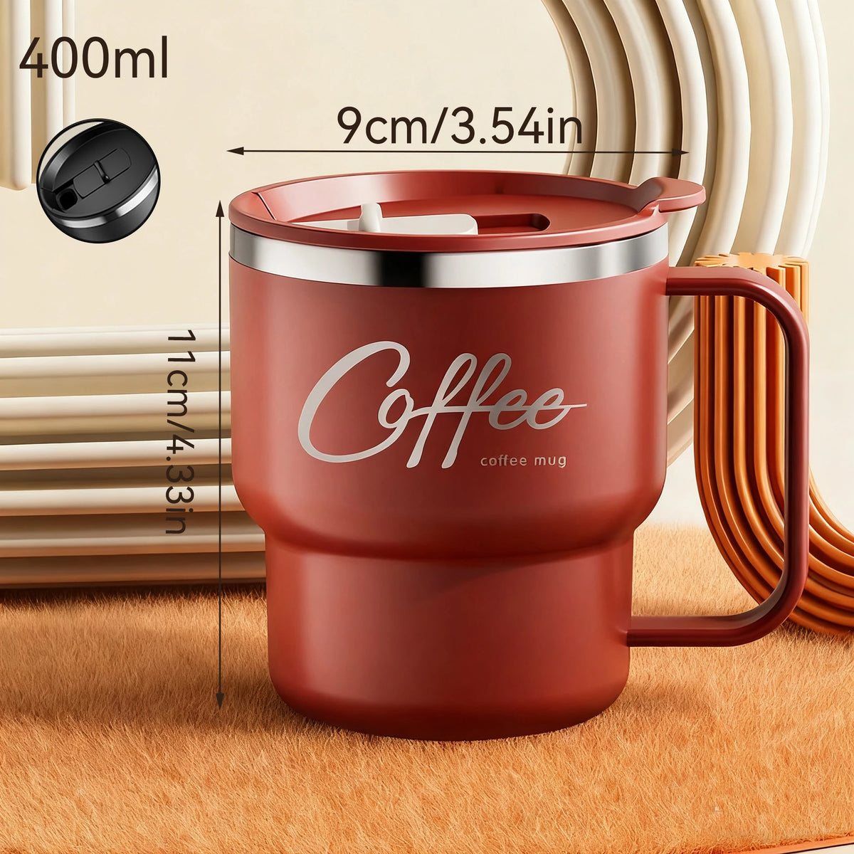 Insulated Stainless Steel Coffee Mug with Lid & Handle (13.5oz)