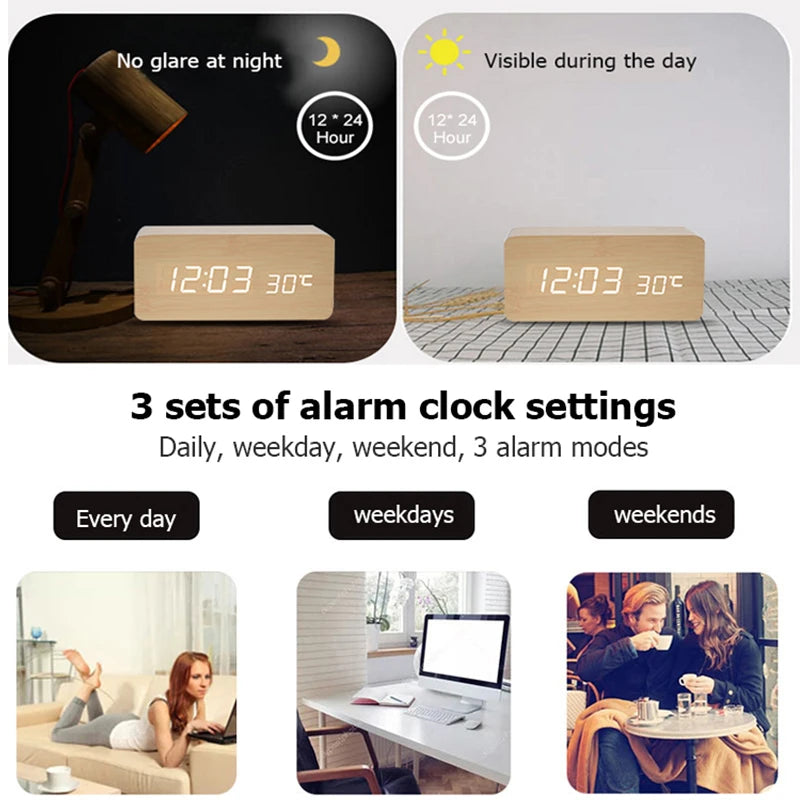 Wood-Look LED Digital Alarm Clock with Temperature Display - Bamboo