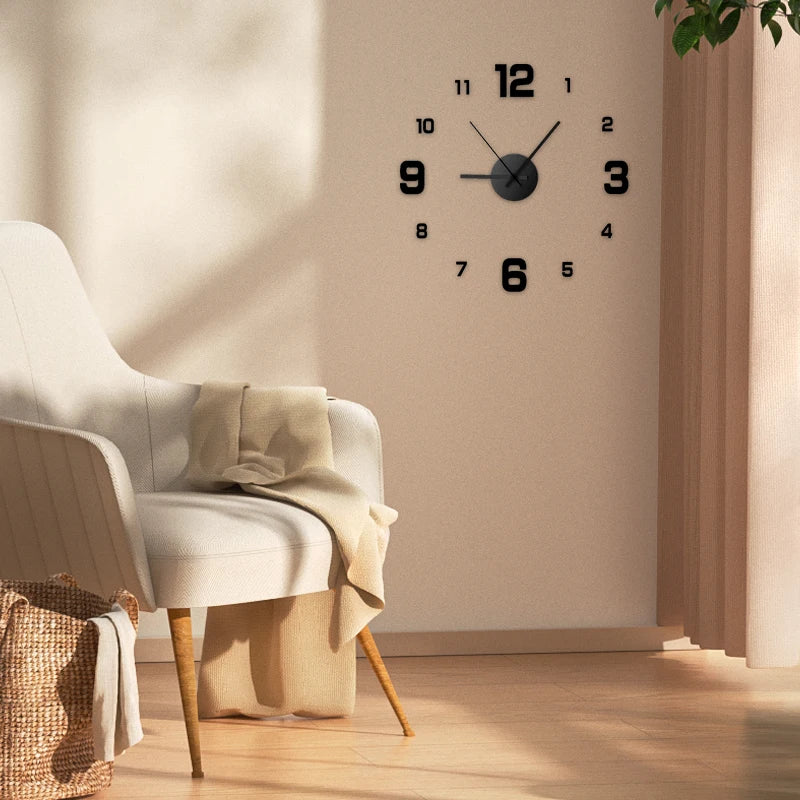 Frameless 3D DIY Wall Clock – Silent Modern Wall Decor, Black