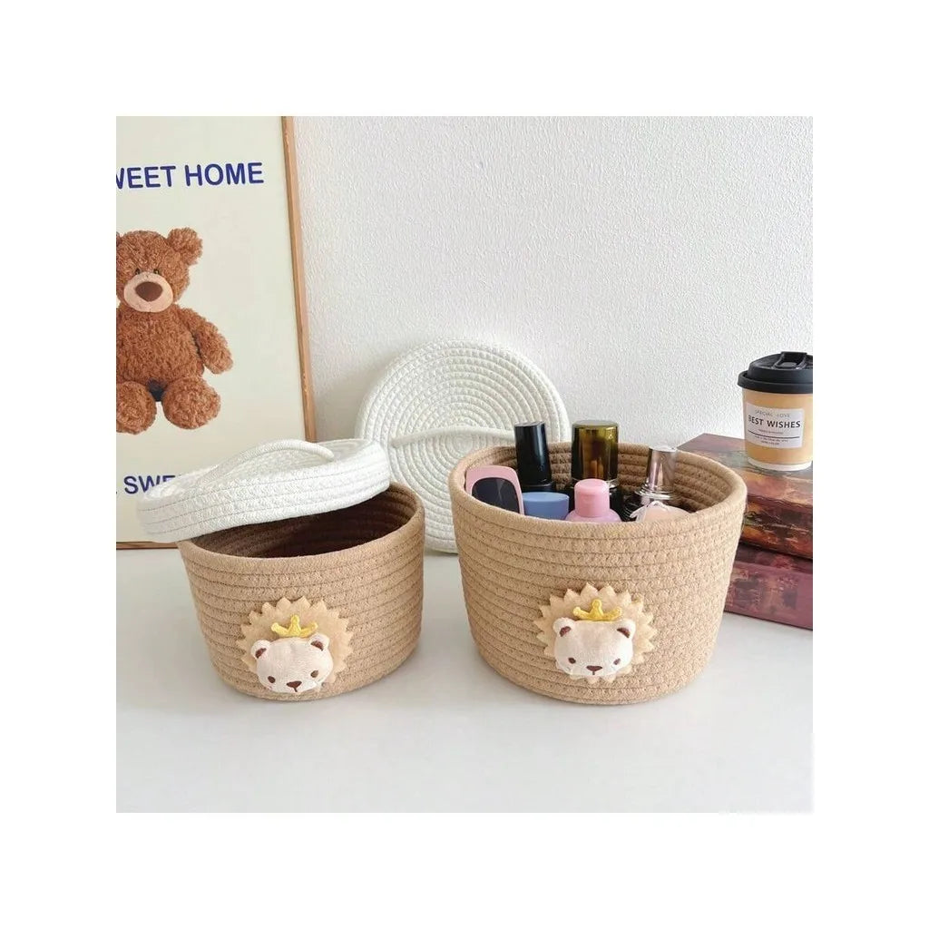 Lidded Cotton Rope Storage Basket with Lion Accent