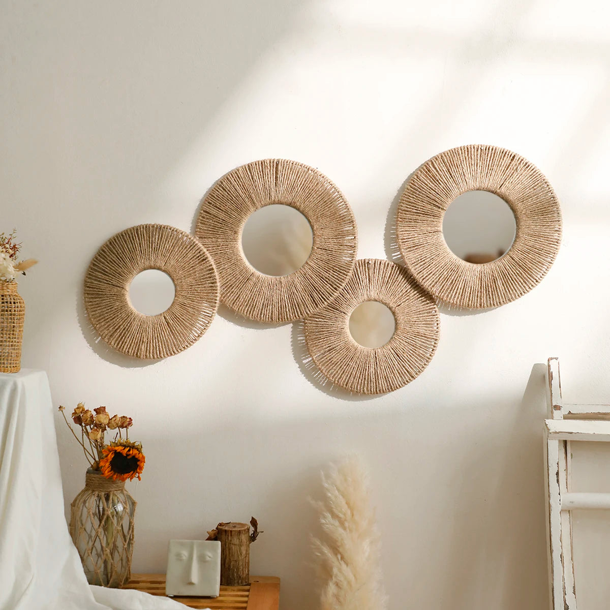 Boho Woven Jute Rope Round Wall Mirror