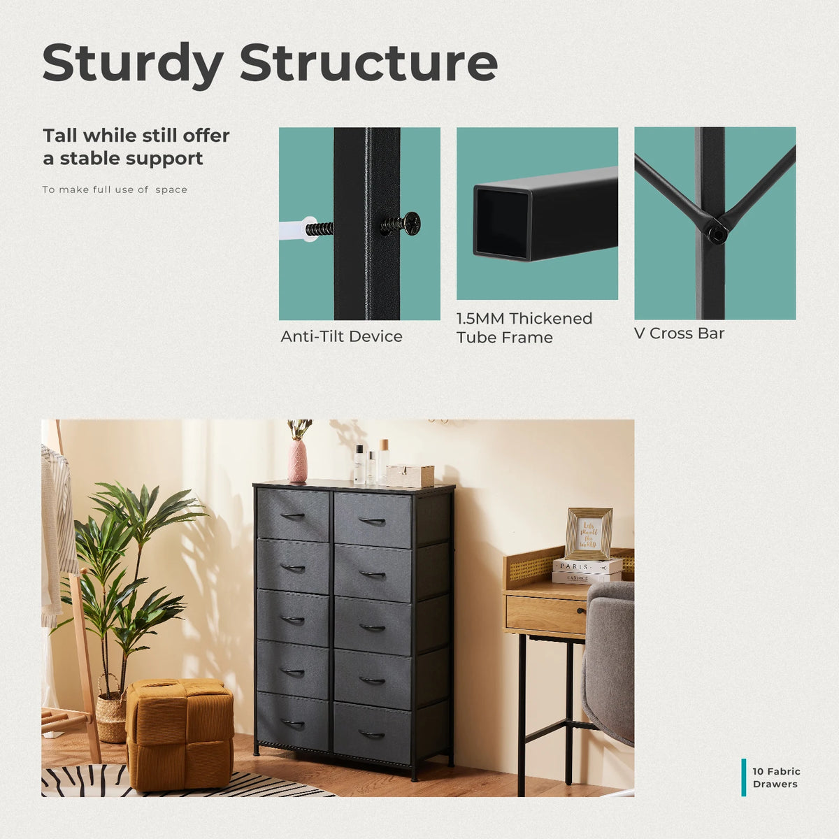 10-Drawer Fabric Storage Dresser with Steel Frame