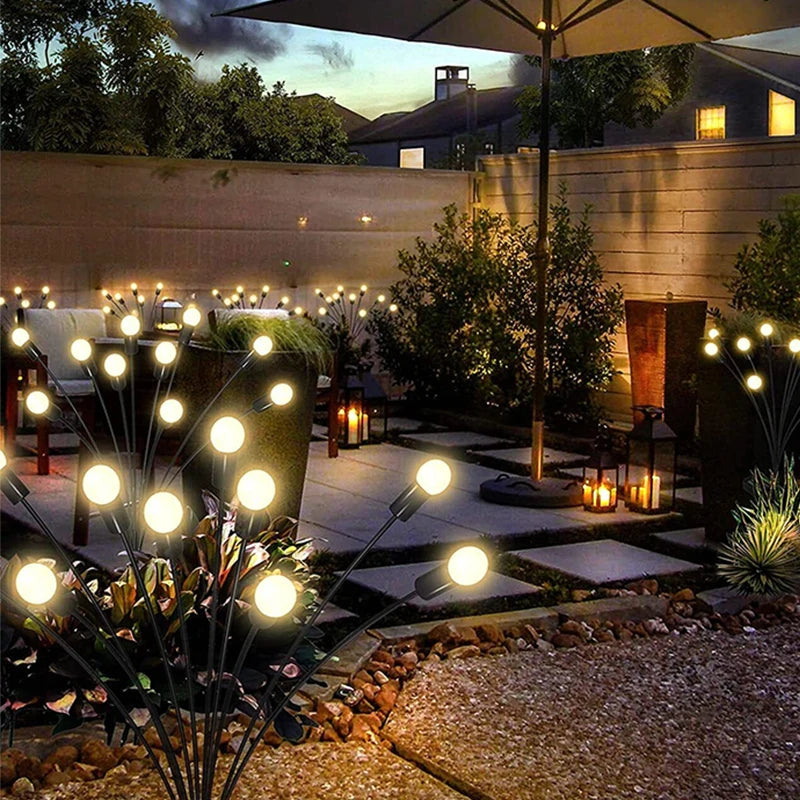 Solar firefly lights on a garden patio