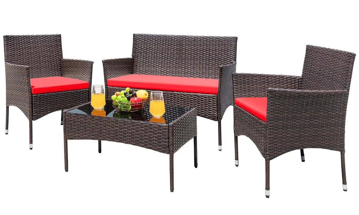 4-Piece Wicker Patio Conversation Set – Loveseat, 2 Armchairs & Glass-Top Coffee Table