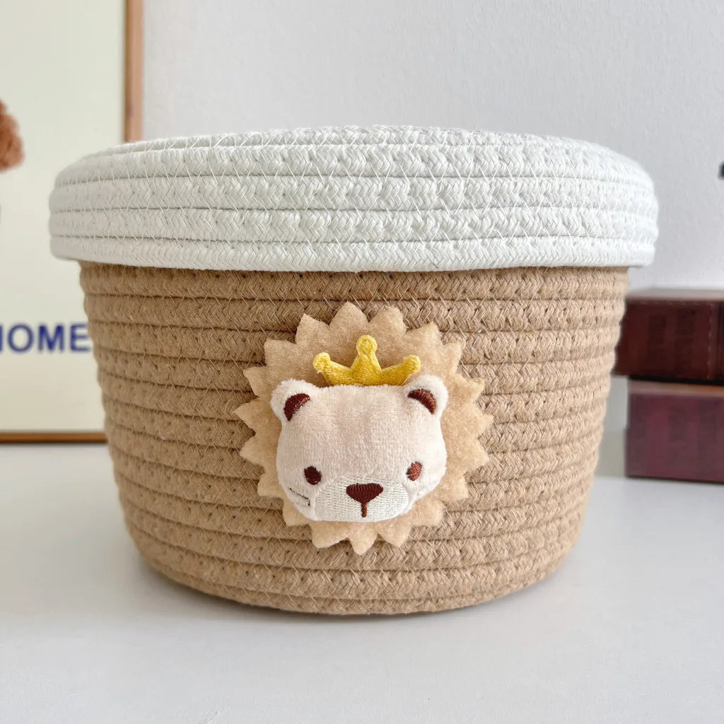 Lidded Cotton Rope Storage Basket with Lion Accent