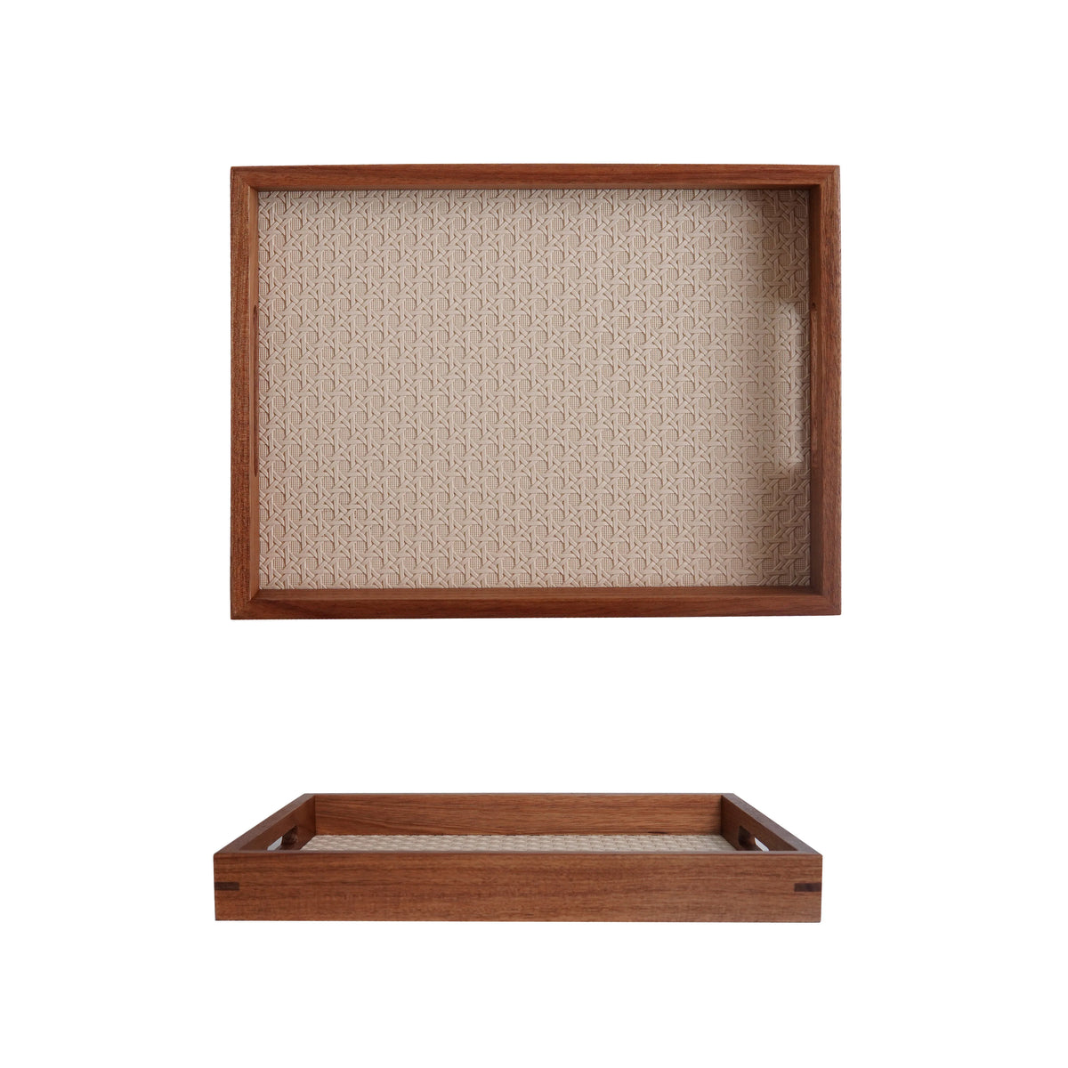 Walnut-Finish Wood Vanity Tray with Woven Rattan-Look Base