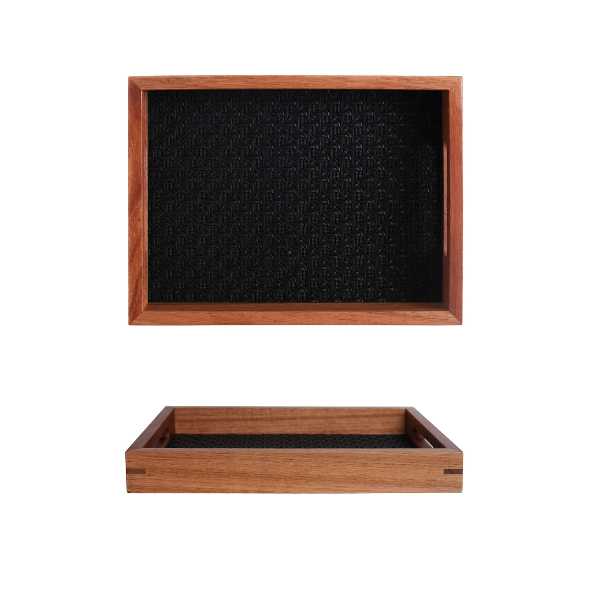 Walnut-Finish Wood Vanity Tray with Woven Rattan-Look Base