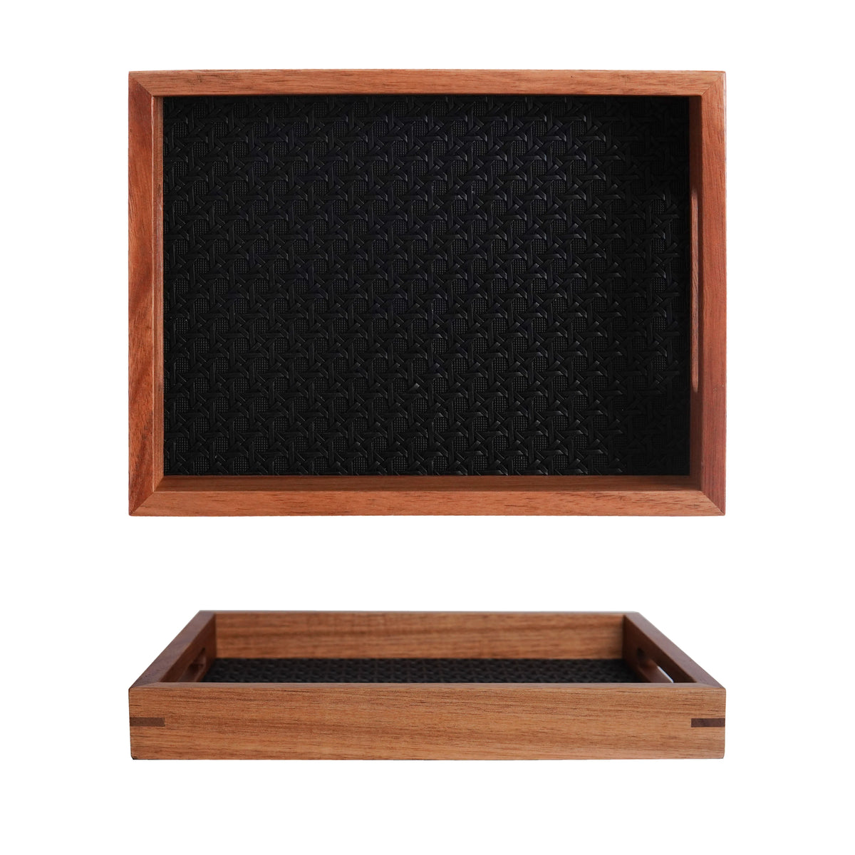Walnut-Finish Wood Vanity Tray with Woven Rattan-Look Base