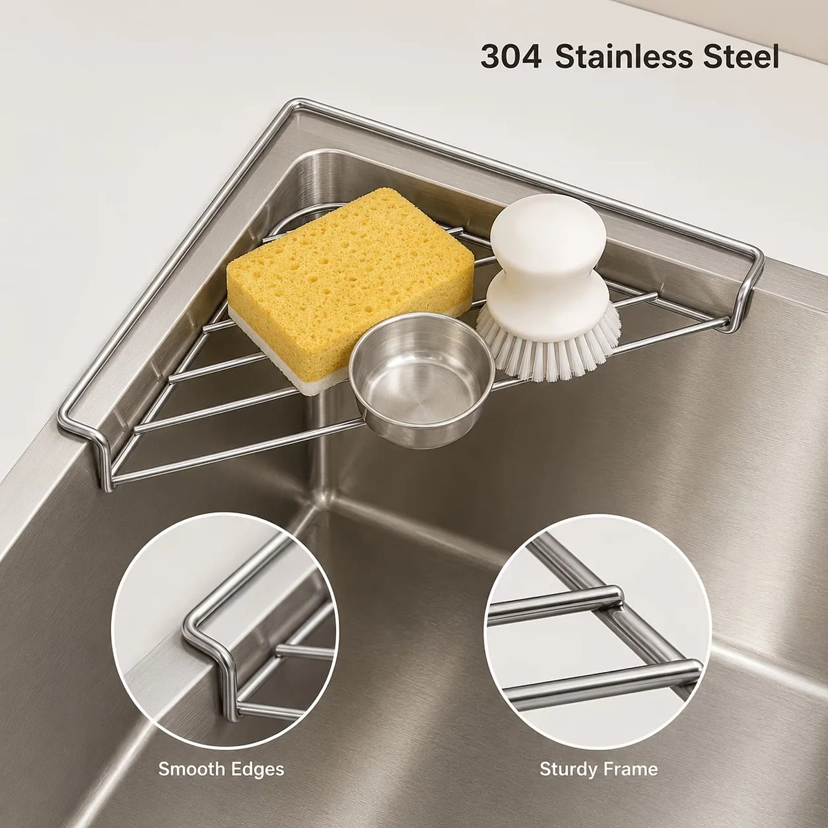 Stainless Steel Sink Corner Rack for Sponges & Brushes