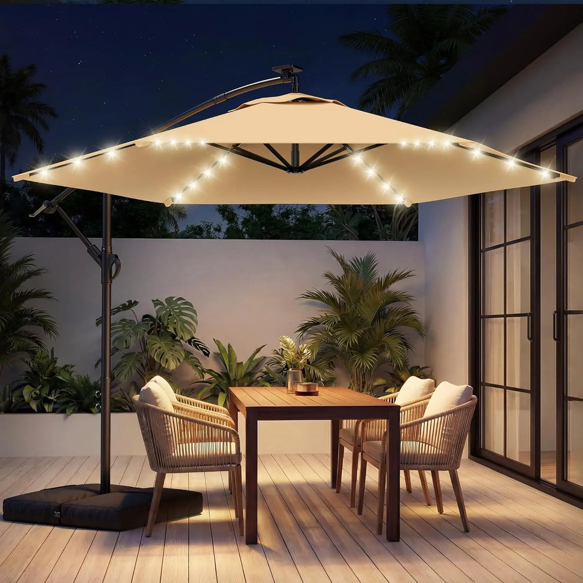 10 ft Solar LED Cantilever Patio Umbrella with Weighted Base – Tilting Offset Umbrella, Beige
