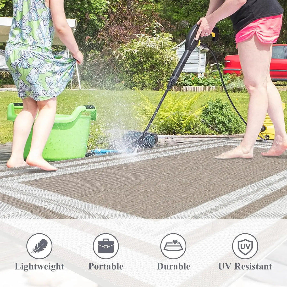 Large Reversible Outdoor Rug 9' x 12' – Waterproof Plastic Straw Patio & RV Mat, Light Coffee