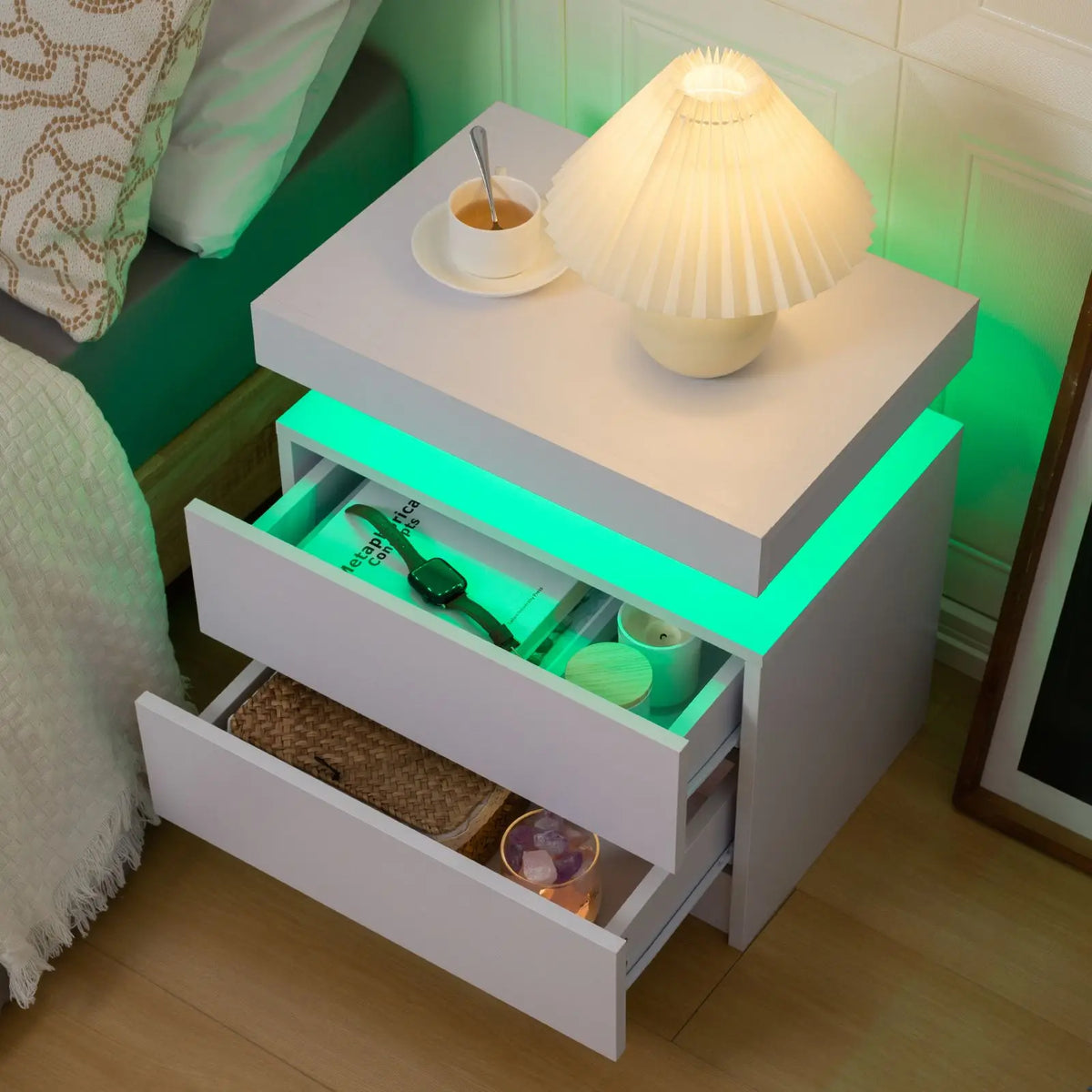 Modern LED Nightstand with 2 Drawers – RGB Bedside Table