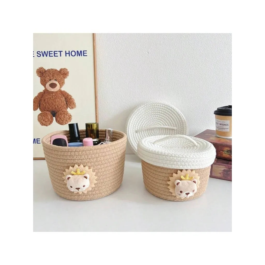 Lidded Cotton Rope Storage Basket with Lion Accent