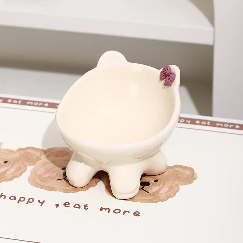 Tilted Ceramic Cat Bowl with Bow - Elevated Feeding Dish
