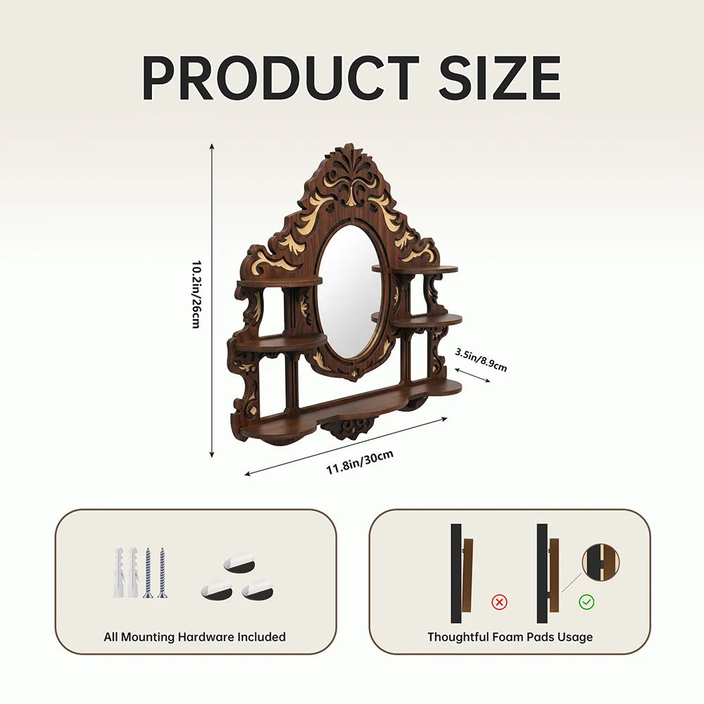 Ornate Wood Oval Mirror with Display Shelves