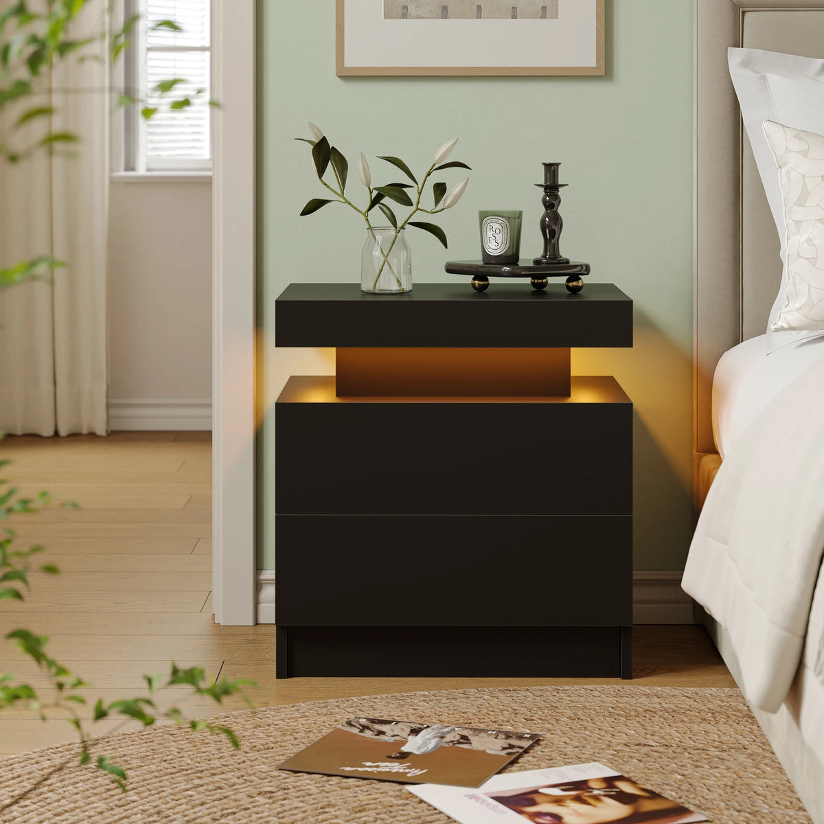 Modern LED Nightstand with 2 Drawers – RGB Bedside Table