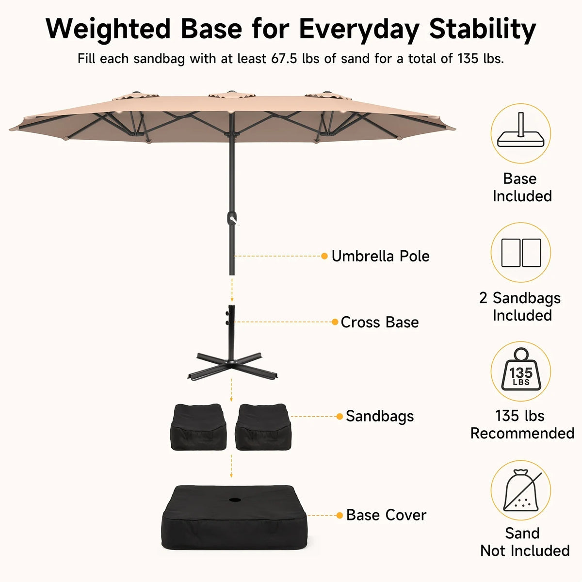 15 ft Double-Sided Rectangle Patio Umbrella with Base – Beige