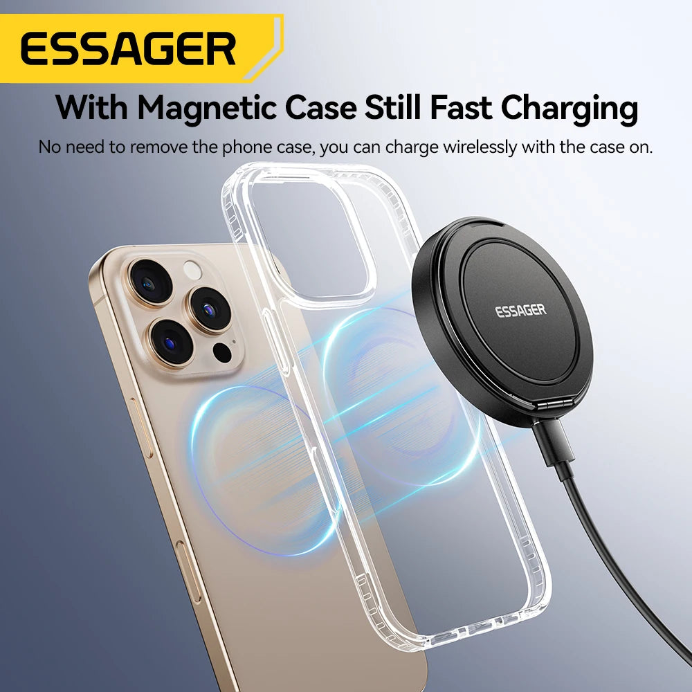 Magnetic wireless charger shown attached through a compatible magnetic phone case.