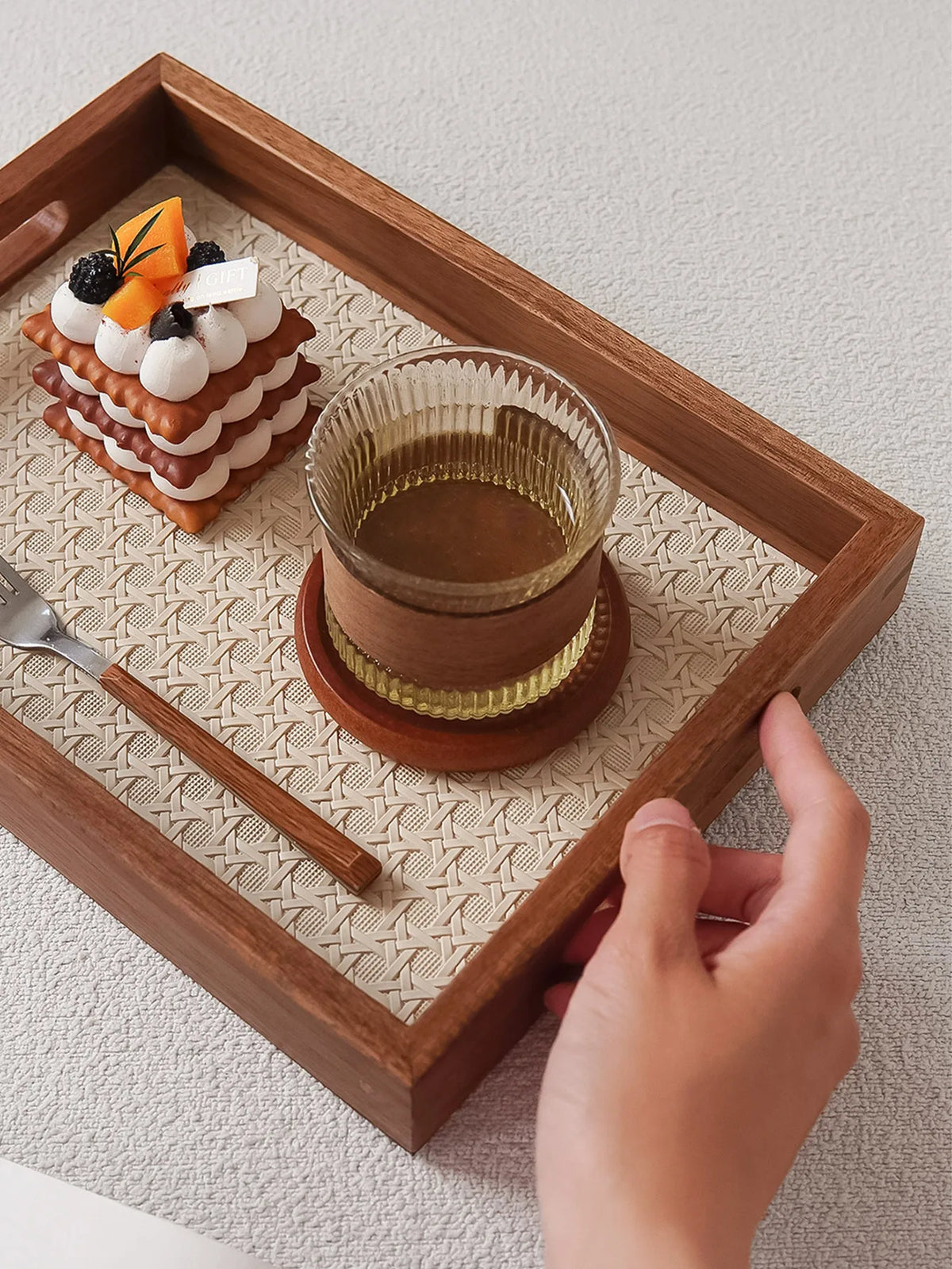 Walnut-Finish Wood Vanity Tray with Woven Rattan-Look Base