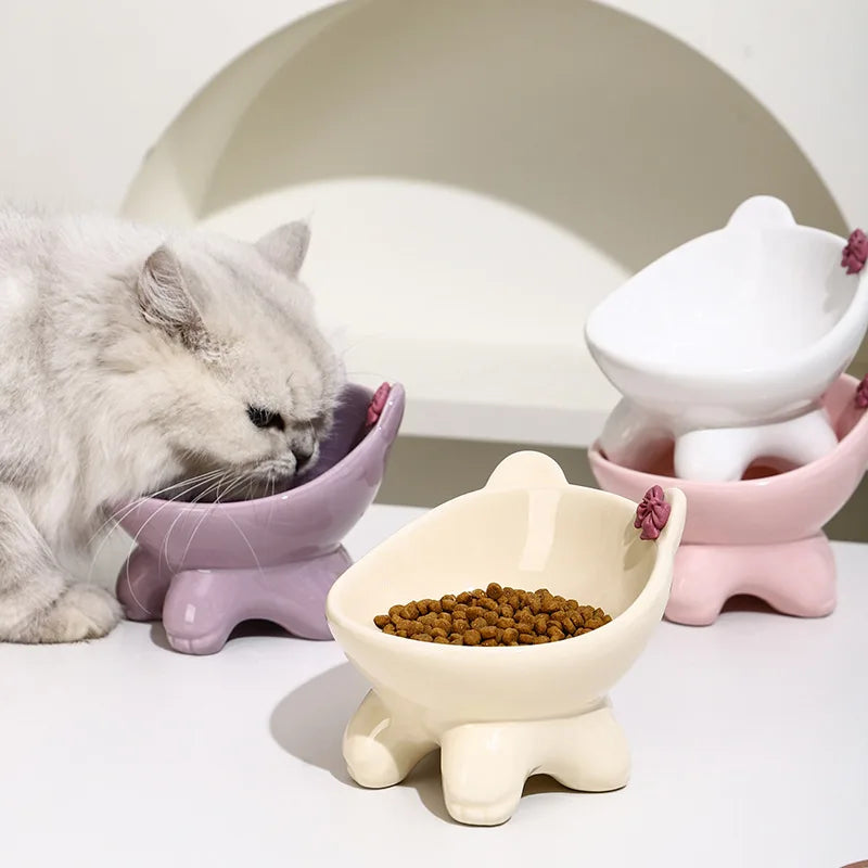 Tilted Ceramic Cat Bowl with Bow - Elevated Feeding Dish