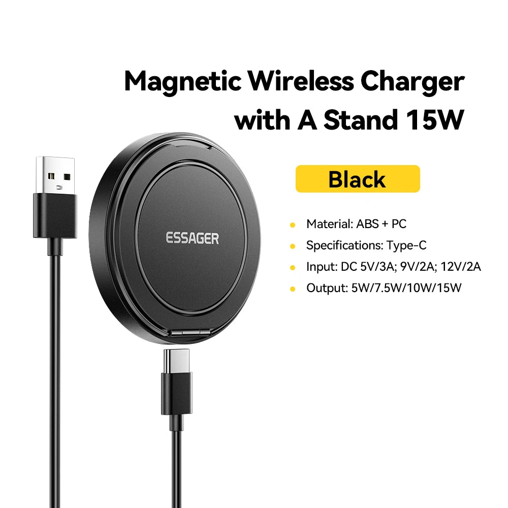 Black ESSAGER charger with ring stand and the supplier's input and output specifications.